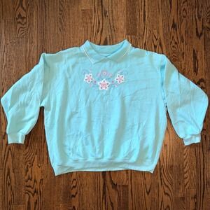 Bold Spirit Woman Vintage Embroidered Floral Sweatshirt 2X Aqua‎ Blue Grandma